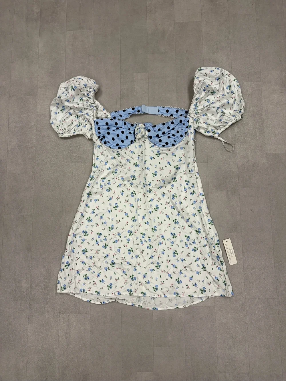 Free People For Love & Lemons Blue Floral Puff-Sleeve Dress w/ Polka Dot Bow